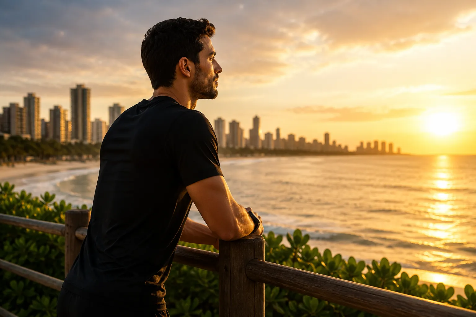 Corredor observando o nascer do sol na orla de João Pessoa